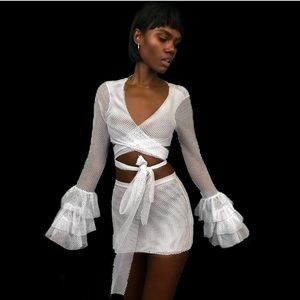 Urban Outfitters Grayscale White Mesh Distressed Knit  front tie crop top